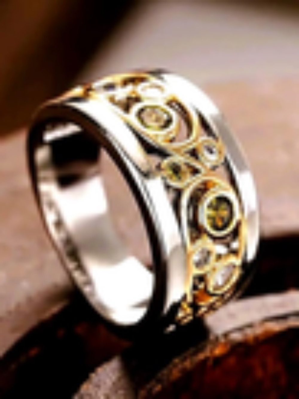 Peridot and White Sapphire Band Ring: 2 Tone Gold Plated Polished Silver